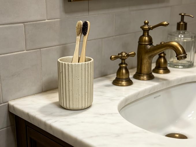 Stoneware Toothbrush Holder for Bathroom Tooth Brush Holder for Bathroom Toothbrush Cup Toothbrush Holders Cute Fluted Vertical Ribbed Stripe (Speckled Beige)