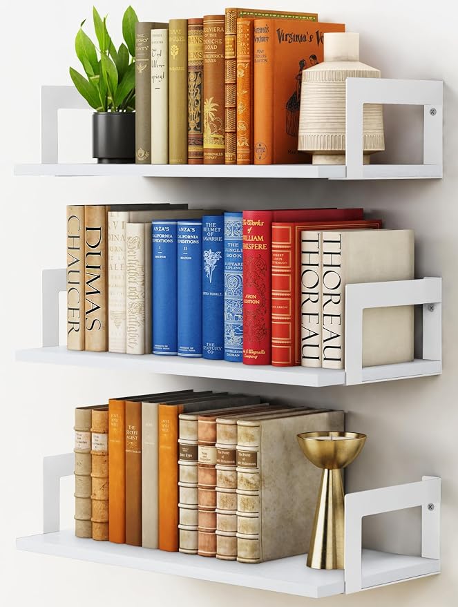 Harwaya White Wall Bookshelf for Kids Room, Small Floating Book Shelf for Teen Girls Boys Bedroom, 8 Inch Deep Wall Mounted Bookshelves for Office Living Room Bathroom Decor (3-Pack)