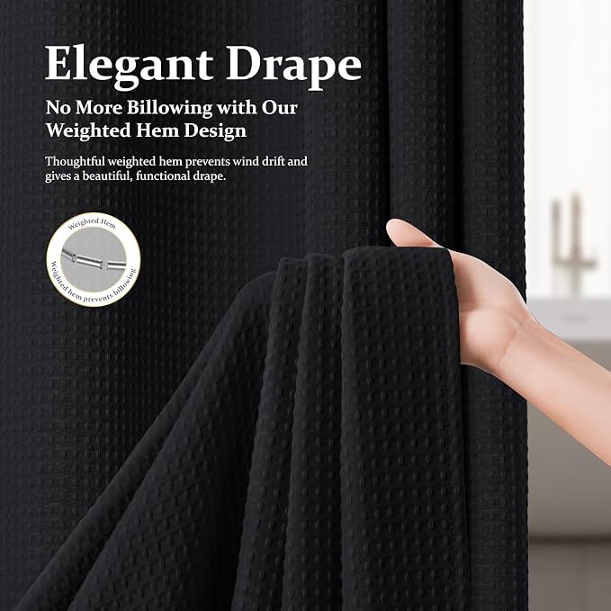 Waffle Shower Curtain 256 GSM Heavy Duty Fabric 72"x72" Black | Thick Polyester Cloth, Weighted Hem, Water Repellent & Washable, Hotel Luxury Spa, Shower Curtain Set for Bathroom 12 Hooks