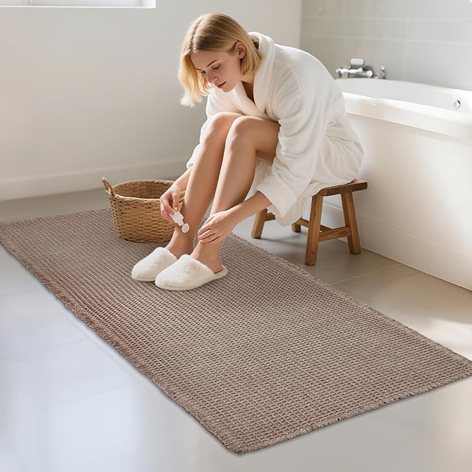 ZALL Tan Waffle Bath Mat,Super Absorbent Non Slip Bathroom Rug,Brown 24x48inch,Machine Washable Ultra Soft Floor Mats