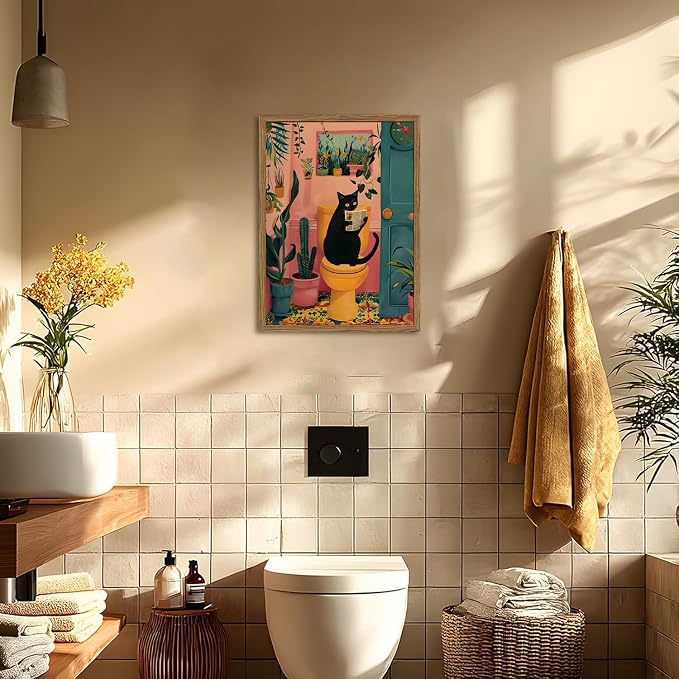 Funny Black Cat Bathroom Wall Art Whimsical Cat Reading Newspaper on Toilet Wall Decor Picture Cute Animal Bathroom Poster Canvas Painting Prints for Restroom 12x16 inch Framed