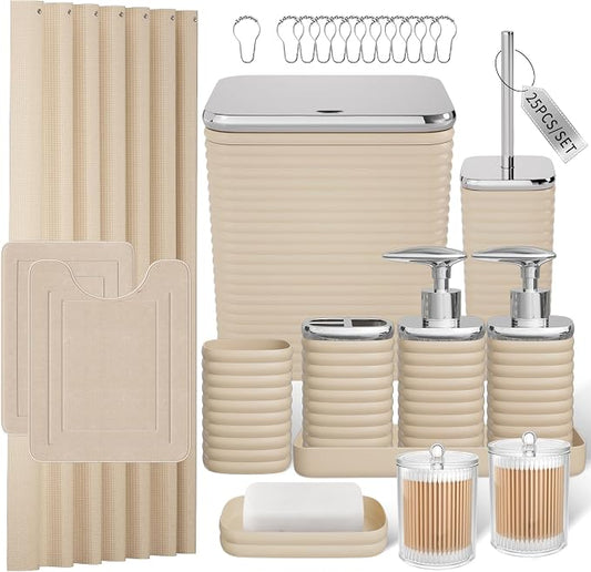 Bathroom Set - 25PC Bathroom Sets with Shower Curtain and Rugs, Beige Bathroom Set, Bathroom Accessory Set, Luxury Bathroom Accessories Set, Trash Can, Toilet Brush, Soap Dish & Soap Dispenser