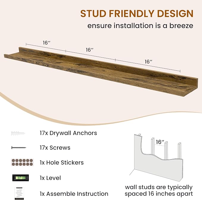 Picture Ledge Shelf, Floating Shelves for Wall Decor Set of 6, 55 inch Floating Wall Mounted Shelves, Shelves with Lip for Living Room, Bedroom, Nursery, Bathroom, Kitchen, Rustic Brown