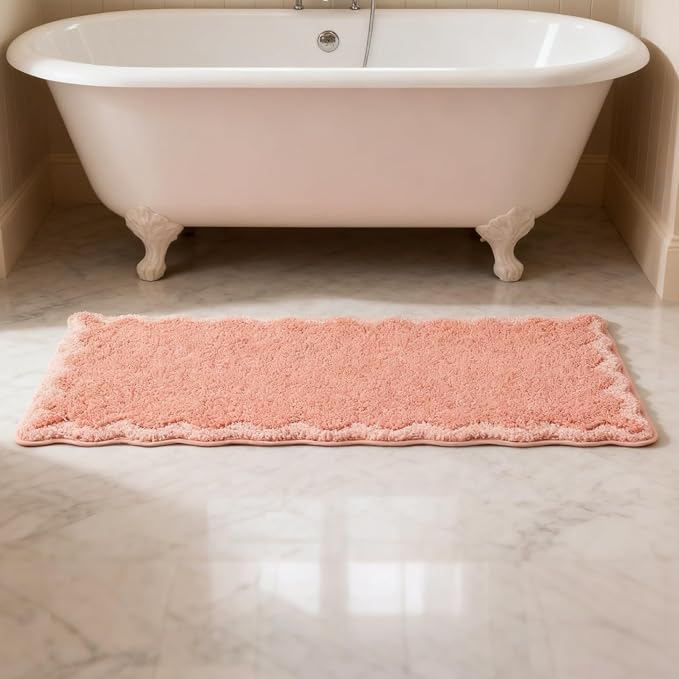 ORTIGIA Cute Coral Pink Scalloped Bath Mat, Fun Plush Microfiber Scallop Bathroom Rugs Non Slip Washable Quick Dry Absorbent, Bath Rug Carpet for Shower Stall Vanities Kitchen Floor Entrance, 17x47