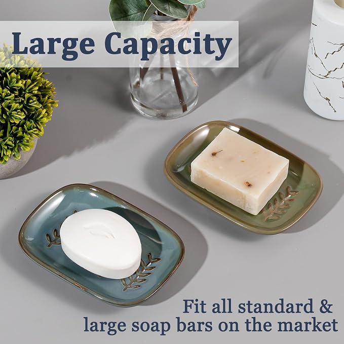 HighHerz Aesthetic Ceramic Soap Dish for Shower, Soap Holder with Raised Relief, Shower Soap Dish for Shampoo Bar Or Sponge, Soap Saver for Bathroom, Kitchen, Sink, Decorative Soap Tray (Green)