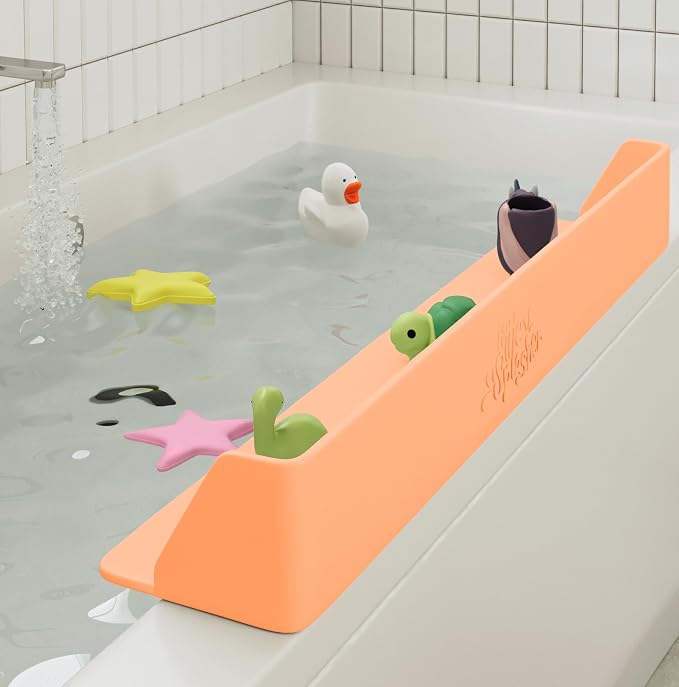 Original PlayPad, Bathtub Splash Guard Play Shelf - Toy Tray Caddy Holder Storage - Suction Cups Attach to Bath Tub - No Mess Water Spill in Bathroom for Toddlers Kids Baby (Orange)
