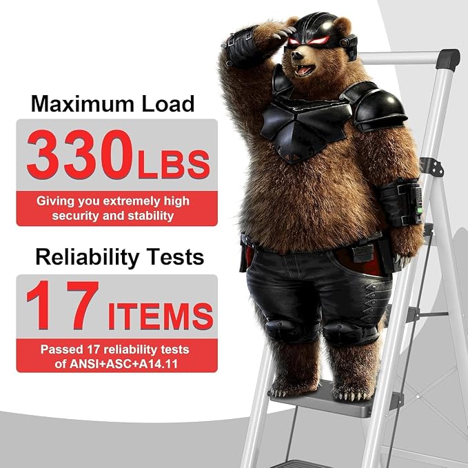 4 Step Ladder, Folding Step Stool with Wide Anti-Slip Pedal, Soft Grip Handle & Non-Slip Feet, Sturdy Steel Ladder with 600 lbs Capacity for Home, Kitchen & Office, Black Grey