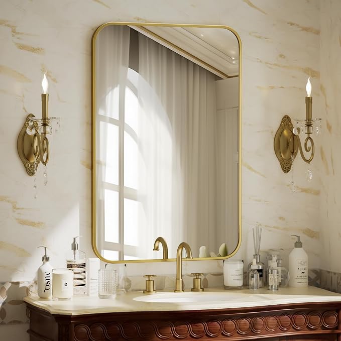 BEAUTYPEAK 24" x 36" Rectangular Aluminum Alloy Frame Wall Mounted Bathroom Mirror with Rounded Corners, Gold | Aluminum Alloy Frame with Rounded Corners