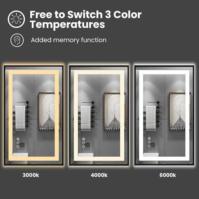 40"X30" LED Bathroom Mirror with Black Frame, Front Lit and Backlit | Metal Framed Mirror, Stepless Dimmable, HD Reflection, Anti-Fog, Shatter-Proof, Memory, 3 Colors Lighting, UL Listed.