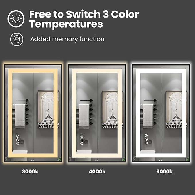 48"X32" LED Bathroom Mirror with Black Frame, Front Lit and Backlit | Metal Framed Mirror, Stepless Dimmable, HD Reflection, Anti-Fog, Shatter-Proof, Memory, 3 Colors Lighting, UL Listed.