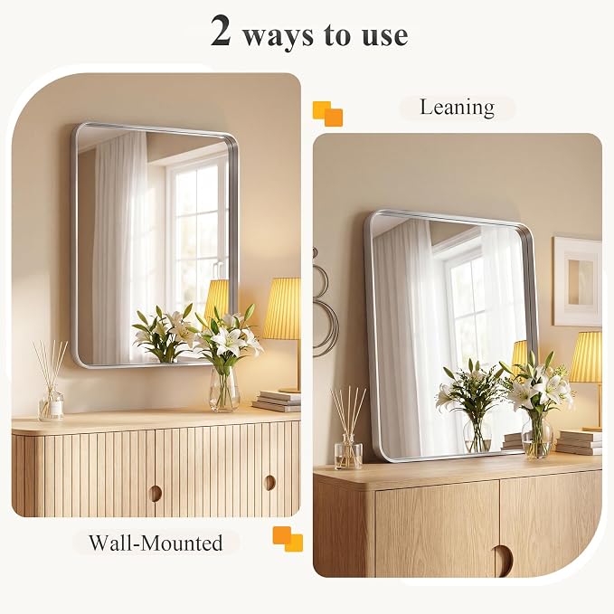 NEWBULIG Bathroom Mirror for Over Sink, 32X48 Inch Wall Vanity Mirror | Wall Mount, Tempered Glass, Anti-Rust Metal Framed, Rounded Rectangle, Farmhouse Home Decor, Silvery