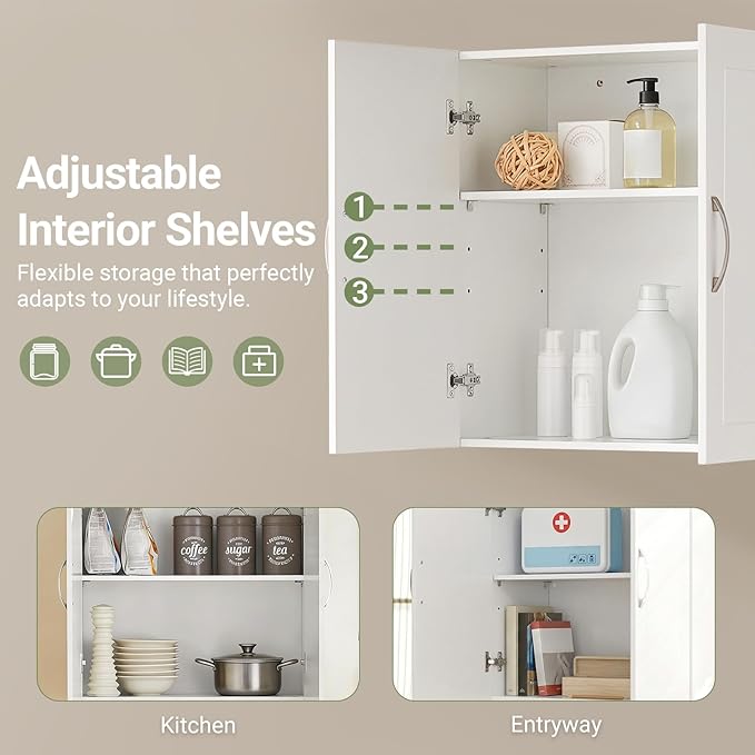 Haotian Wall Cabinet Laundry Room, Medicine Cabinet for Bathroom Kitchen Garage, Wall Storage Cabinet with Adjustable Shelf, White FRG231-W | Over the Toilet Storage Cabinet, Floating Wall Storage Medicine Cabinet With Customizable Shelf, FRG231-W