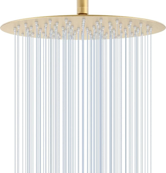 12 inch Brushed Gold Rainfall Shower Head - All Metal Stainless Steel Full Body Round Rain Shower with 120 Silicone Nozzles Modern Bathroom