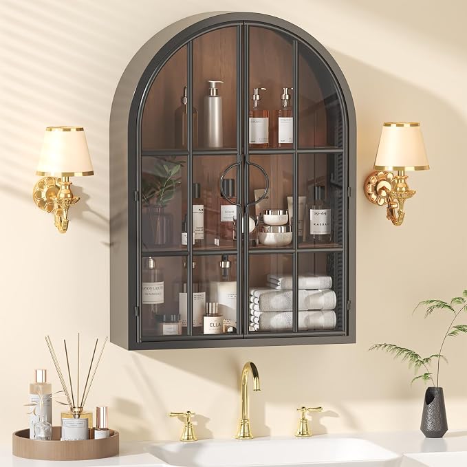 Arched Wall Cabinet with Glass Door, NO Assembly, Metal Wooden | Metal Frame, 12MM Wooden Shelves, Handcrafted Arched Design, 40-lb per Tier, 5MM Tempered Glass, for Bathroom Wall Medicine