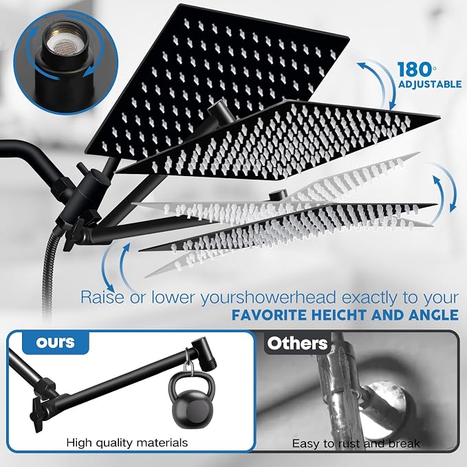 Shower Head,12”Rain Shower Head with Handheld Spray Combo and Adjustable Extension Arm/Shower System,High Pressure Rain Fall Hose,Chrome