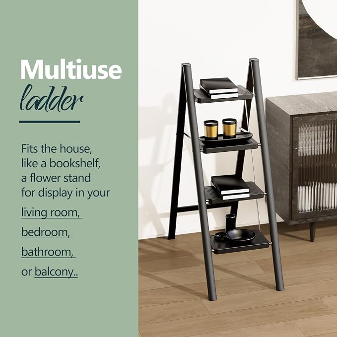4 Step Foldable Step Stool, 330lbs Load, Black | Folded 46'' H x 2'' T; Net 12.5 lbs; Anti-Slip Feet Grip Wood, Tile, Carpet; Wide Pedals; For Shelves, Repairs.