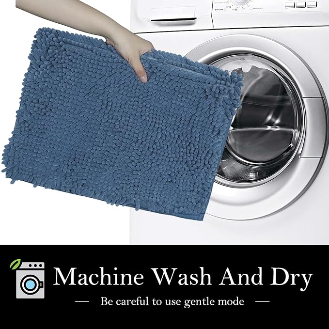 Bathroom Rugs Chenille Bath mat 2 Piece Set, Super Absorbent, Strong PVC Non Slip Backing, Bath mats for Bathroom, Plush Shaggy, Thick, Machine Washable, Bathtub, Toilet .(Medium Blue)