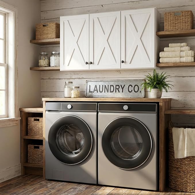 35" W Laundry Room Wall Cabinet, Farmhouse Wall Cabinet with Adjustable Shelf, Wall Mount Storage Cabinet, Farmhouse Medicine Cabinet, Floating Cabinet for Kitchen, Bathroom, Off White
