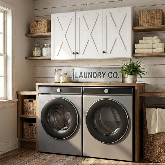 35" W Laundry Room Wall Cabinet, Farmhouse Wall Cabinet with Adjustable Shelf, Wall Mount Storage Cabinet, Farmhouse Medicine Cabinet, Floating Cabinet for Kitchen, Bathroom, Off White
