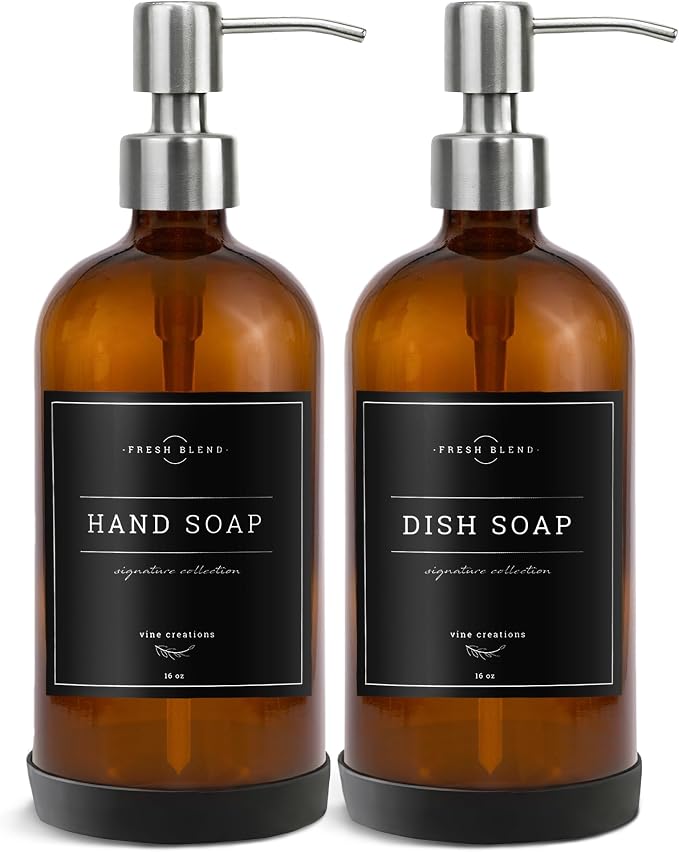 Vine Creations Amber Glass Soap Dispenser, 2 Pack Kitchen Soap Dispenser Set with Stainless Steel Pump, 16 oz Hand Soap or Dish Soap for Bathroom or Kitchen with Waterproof Labels