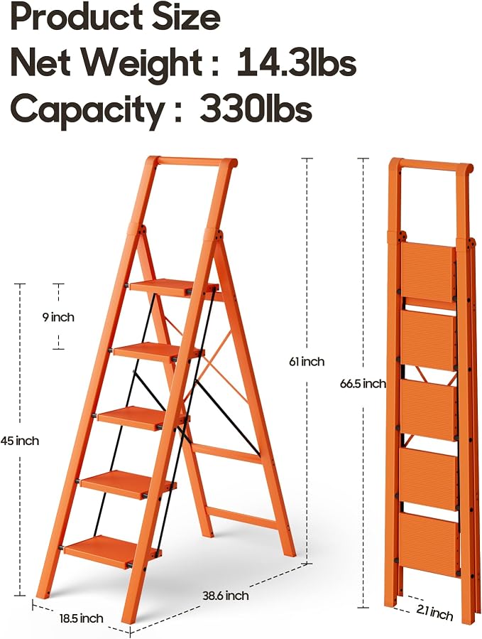 HillhutApex Aluminum 5 Step Ladder, Step Stool Foldable Ladder(Orange) | Anti-Slip Pedals,330lbs Capacity,Lightweight Folding Ladders for Home,Office,Libaray