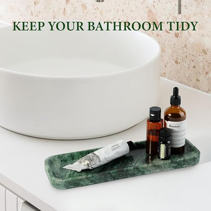 Marble Tray for Bathroom Sink, 12"x4" Natural Stone Vanity Tray for Kitchen Dresser Countertop, Rectangular Decorative Marble Tray for Jewelry Perfume Trinket(Green)