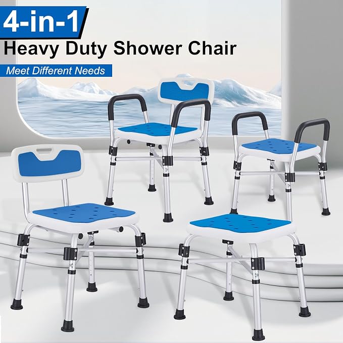 Shower Chair for Elderly and Disabled Inside Shower,Blue | 6-Height Adjustable Shower Seat for Inside Tub,Shower Chair with Arms and Back 400 LB Heavy Duty