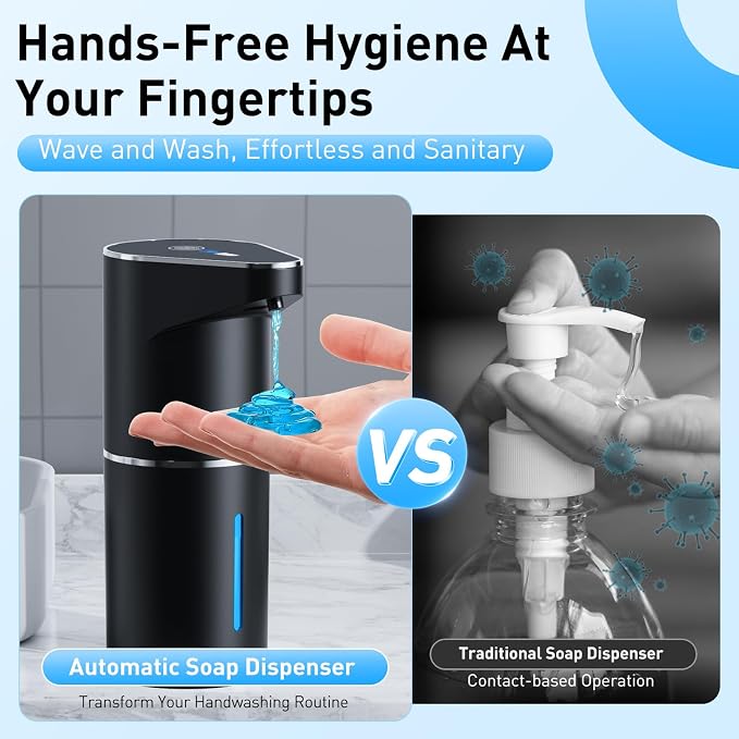 Fantictas Automatic Liquid Soap Dispenser, 3 Levels for Kitchen and Bath | For Hand and Dish Soap, Responsive Sensor, Type-C Charging, 90-day Use, Wall Mountable, IPX5 Waterproof, 350ML, Black Gel