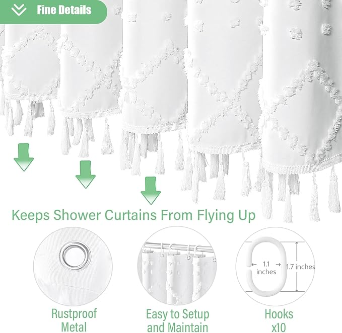 Stall Boho Farmhouse Shower Curtain Tufted Geometric 54"x72" White | 54 Inch Wide, Elegant Tassel, Lightweight Textured Fabric, Water Repellent, Washable, for Narrow Bathroom/Dorm 10 Hooks