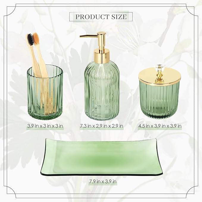 Designer Green Glass Bathroom Accessories Sets - 4 Pcs with Lotion Soap Dispenser, Bathroom Toothbrush Holder, Vanity Tray, and Apothecary Jar, Vintage Bathroom Decor
