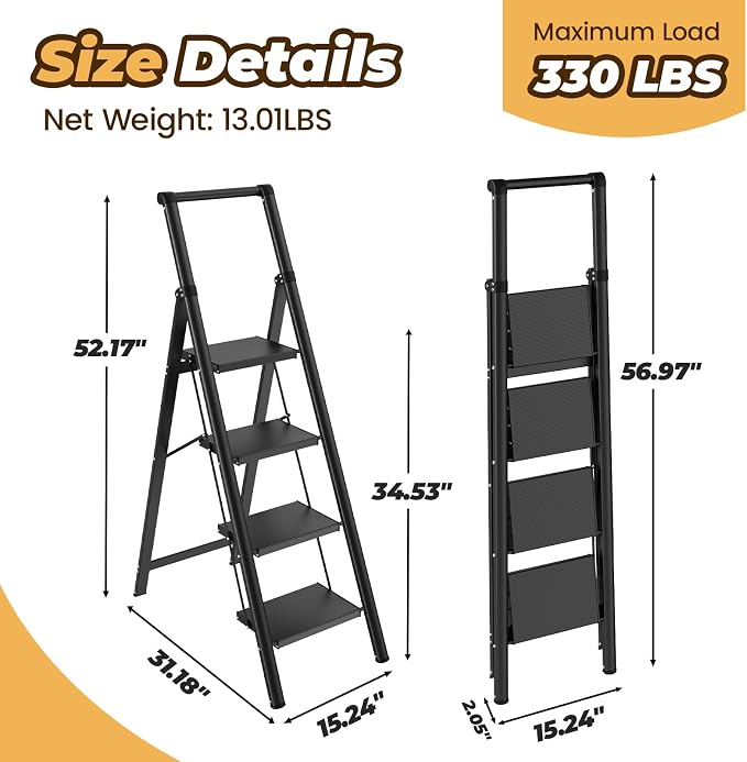 HBTower 4 Step Ladder, Lightweight Aluminum Folding Step Stool | Anti-Slip Wide Pedal, 330lbs Capacity Step Ladder for Household Kitchen Office, Black