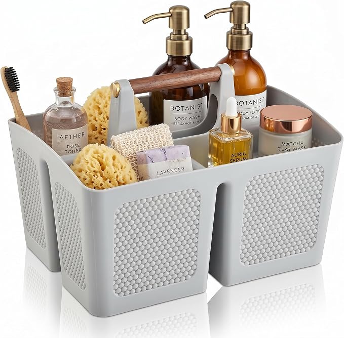 Plastic Light Gray Shower Caddy Basket with 3 Compartments, Portable Divided Bathroom Cleaning Caddy Organizer Storage Tote with Handle for Dorm, College, Room Essentials