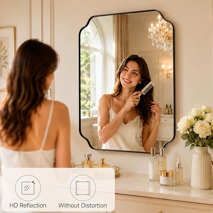 32"x24" Black Wall Bathroom Mirror, Scalloped Edge Vanity Mirror | Hangs Vertically/Horizontally, Wooden Frame Decorative Mirror, For Vanity, Bedroom & Entryway, Aesthetic Bathroom Decor