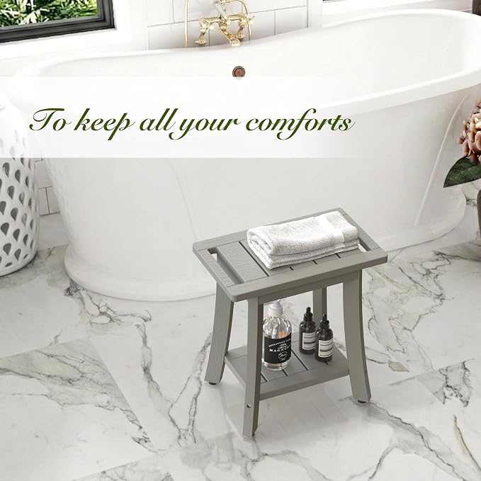 HIPS Shower Bench Inside Shower Stool with Storage Shelf, Waterproof Spa Bath Chair for Bathroom, Seat or Organizer for Living Room, Bedroom - Great for All Ages Unisex Elderly (Small, Grey)