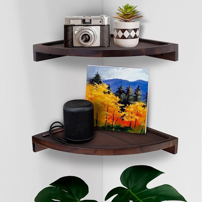 Demigo Round Floating Corner Shelves, Dark Brown Wall Shelf, Set of 2 | Acacia Wood Wall-Mounted Storage Shelves for Home Decor, Living Room, Kitchen, Office & Bedroom, Space-Saving Wood Display