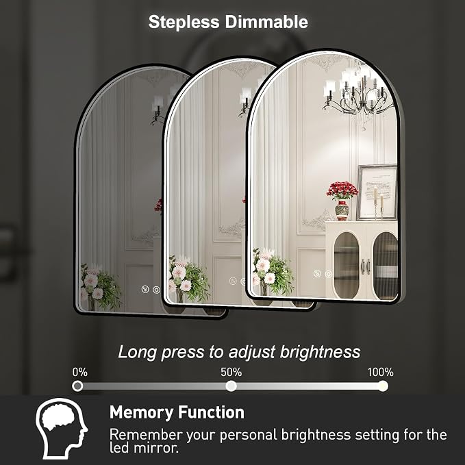 20X30 Inch Black Framed Arched LED Lighted Bathroom Mirror,3 Color | ETL Listed,Anti-Fog,3000K/4500K/6000K Dimmable,Horizontal & Vertical,Memory Function,Ideal for Bathroom Lighted,Vanity