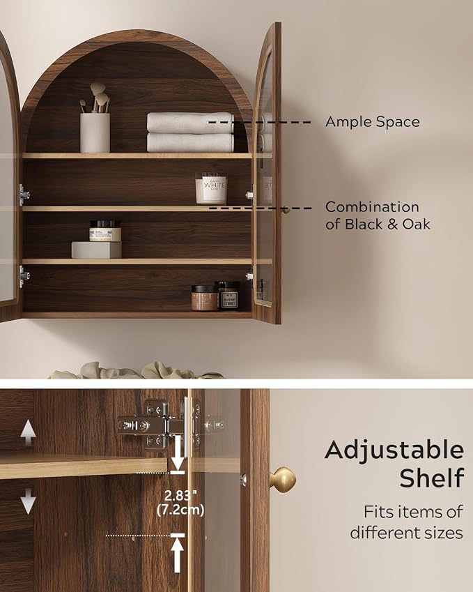 Fluted Arched Wall Cabinet, Large Wood Bathroom Medicine Cabinet Wall Mounted Cupboard, Modern Floating Storage Cabinet with Acrylic Door Adjustable Shelf, Organizer, Brown-Oak