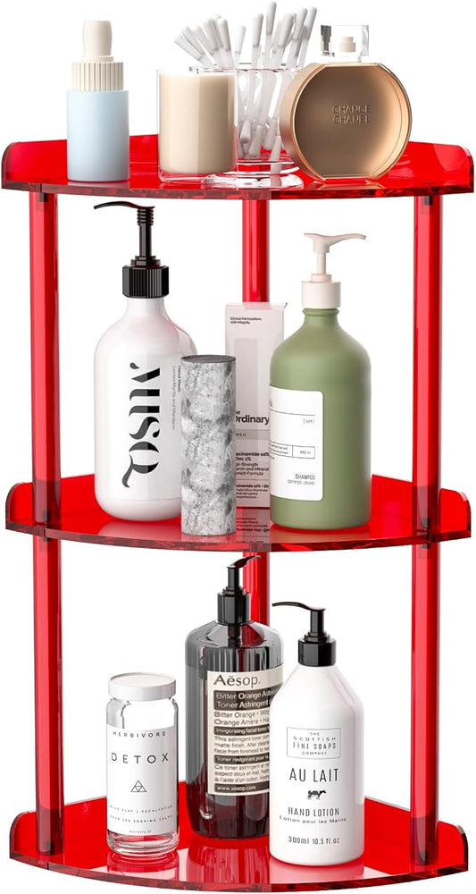 Sezanrpt 3 Tier Countertop Corner Organizer Shelf 7x7x15.7 Inch, Red Countertop Acrylic Bathroom Corner Shelf, Vanity Storage Organizer for Cosmetics, Toiletries