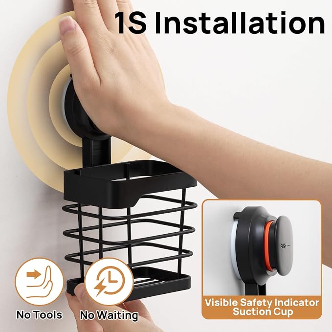 Upgraded Suction Cup Toothbrush Holder with Visible Safety Indicator, Black | Heavy Duty Stainless Steel Shower Electric Tooth Brush and Toothpaste Organizers, Removable, No Drilling, Anti-Puddling