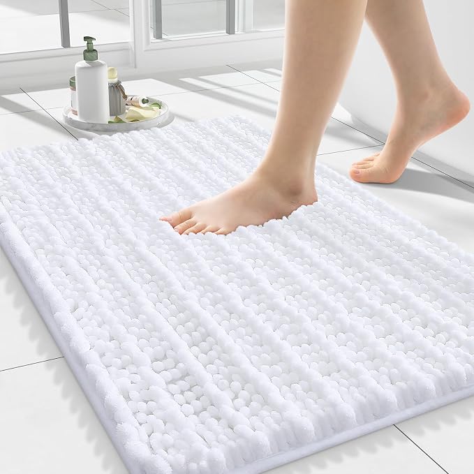 Smiry Bathroom Rugs 24X16, Extra Soft Rubber Backing Chenille Bath Mats | White Machine Washable Non Slip Quick Dry Bath Mats for Bathroom Floor, Tub, Shower, Home Decor Accessories