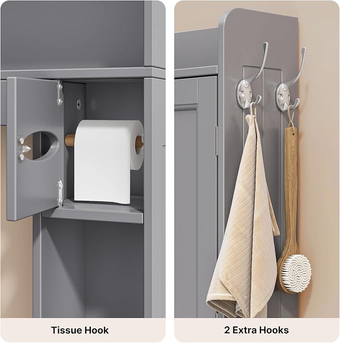 Over The Toilet Storage Cabinet, 32.3" W, Espresso | Over Toilet Bathroom Organizer with Doors, Adjustable Shelves, Toilet Paper Holder, 2 Side Hooks, for Bathroom, Laundry