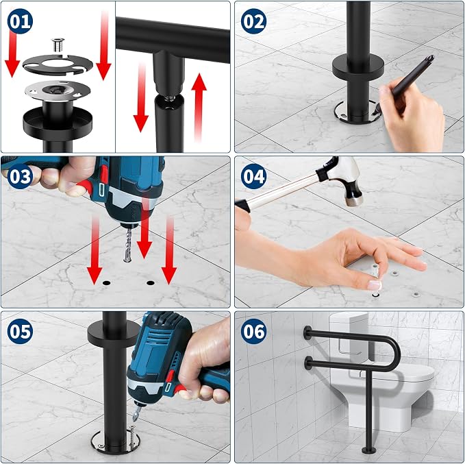 ZUEXT 24x28 Inch Matte Black Toilet Support Rail w/Toilet Paper Holder | Wall to Floor, Anti-slip Handicap Grab Bar, Stainless Steel Bathroom Safety Handrails with Leg, For Elderly Disabled Pregnant