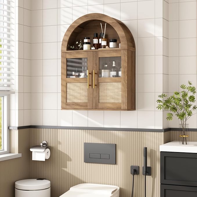 RUSTOWN Arched Bathroom Wall Cabinet with 2 Glass & Rattan Doors | Rattan Medicine Cabinet, Farmhouse Over the Toilet Storage Cabinet, Adjustable Shelves, 3-Tier Wall Mounted Cabinets