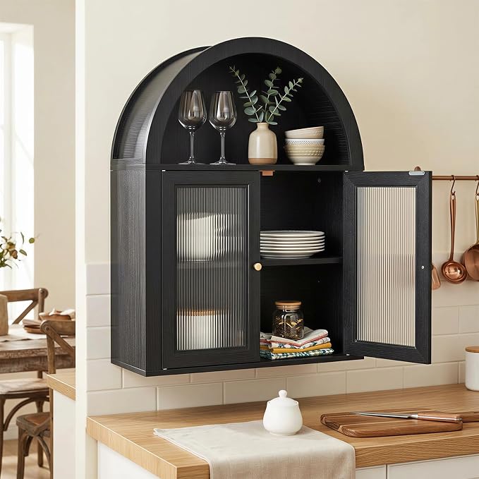 Medicine Cabinet with Arched Top, Bathroom Wall Cabinet Over Toilet with Wave Pattern Tempered Glass Doors and Removable Shelf, Arch Hanging Cabinets for Kitchen, Living Room, Laundry Room, Black