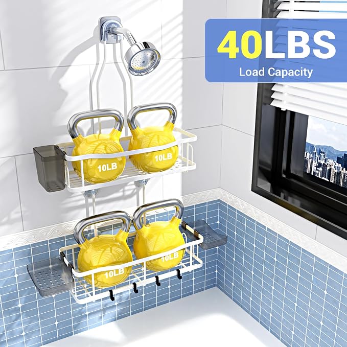 Hanging Shower Caddy Over Shower Head - No Drill Rustproof Shower Rack | Includes Soap Holder and Hooks for Shampoo, Conditioner, and Bathroom Essentials with Stable Storage in Any Shower Space