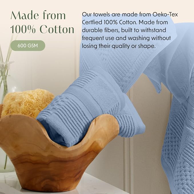 100% Cotton Bath Towel Set | 4-Pack | Textured | Blue | Luxury Geometric Design | Absorbent & Quick-Dry Bathroom Towels | Textured and Durable Cotton Towels for Bathroom | OEKO-TEX