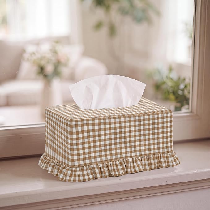 Sawysine Light Brown Check Plaid Fabric Tissue Box Cover Farmhouse Ruffled Rectangular Napkin Holder Warm Fall Winter Neutral Rustic Decor for Home Bedroom Living Room Kitchen Log Style Indoor Decor