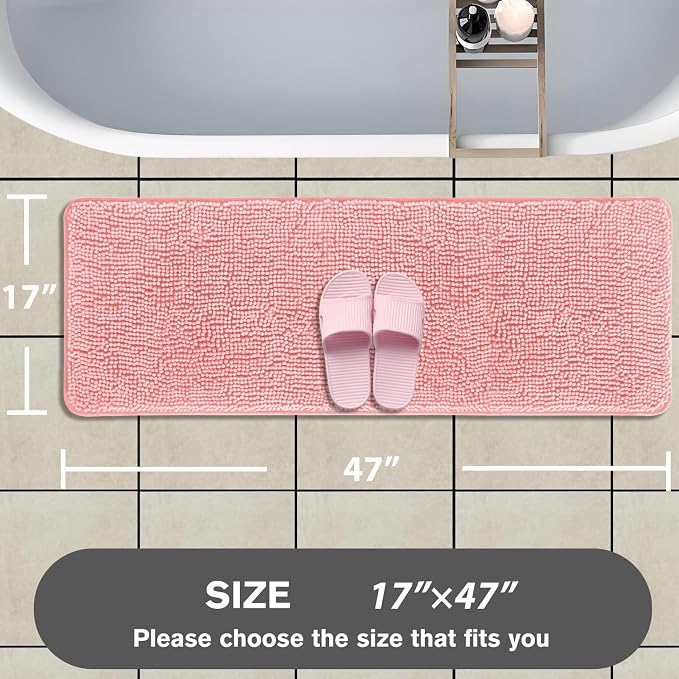 Bathroom Runner Rug 47 x 17 Inch – Long Bath Mat | Absorbent and Washable Thick Chenille Bath Rug Non-Slip Runner Rug for Bathroom, Shower, Sink(Pink)