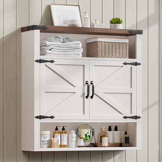 Bathroom Wall Cabinet, Farmhouse Medicine Cabinet with Adjustable Shelves and 2 Barn Doors, Wall Mounted Over the Toilet Storage Cabinet for Bathroom, Laundry Room, Kitchen, Rustic White and Brown
