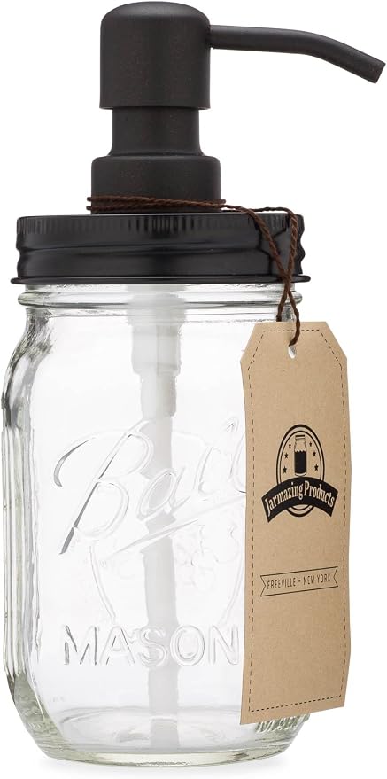 Mason Jar Soap Dispenser - Black - 16 oz Ball Mason Jar Liquid Dispenser for Kitchen & Bathroom - Glass - Dish Soap Dispenser with Rust Proof Stainless Steel Pump & Lid
